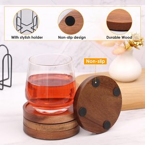 Acacia Wood Coasters With Stand Reusable Drink <b>Mats</b> For Beer Tea <b>Bar</b> Decorations - Product Image 3