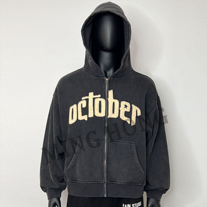 Logo de broderie autocollant personnalisé Street Wear Acid Washed Ribbed Poignets Zip Hoodie - Product Image 1