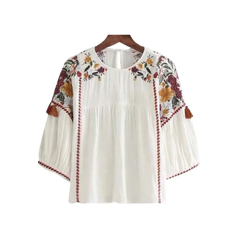 Blouse Women Vintage Embroidery Tassel Loose Clothing Ladies White Linen Tops Stb-0433 New Arrival Half Sleeve Casual Summer
