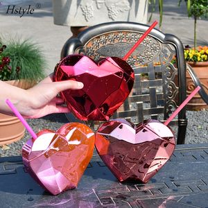 Taza en forma de corazón Rosa Hstyle <span class=keywords><strong>con</strong></span> tapa y vasos de plástico de paja Linda taza de bola de discoteca brillante Tropical Luau Hawaiano - Product Image 2