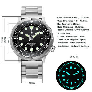 นาฬิกา20ATM ออโตเมติกสำหรับผู้ชายดีไซน์ดำน้ำปรับได้ปรับแต่งได้กันน้ำ NH35เคลื่อนไหวอัตโนมัติปลาทูน่า - Product Image 2