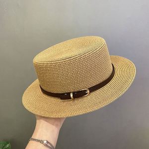 Flat Top Straw Brim Women's Wide Brimmed Panama Youth Street <b>Hats</b> Vacation Belt <b>Hat</b> Gift <b>for</b> Christmas Party - Product Image 1