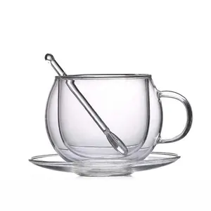 Двухслойная кружка для кофе из прозрачного стекла с ручкой, стеклянная тарелка и стеклянная ложка