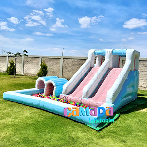Château gonflable et toboggan à trois voies de couleur pastel, nouveau design, avec fosse à balles pour les fêtes d'enfants, location, utilisation en aire de jeux dans la cour - Product Image 6