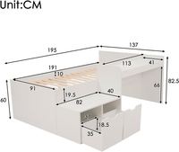 Marco de cama individual multifuncional para niños 90x190cm, cama de madera blanca para adolescentes con 2 cajones de almacenamiento y escritorio,