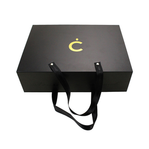Custom Logo Luxury Paper <b>Black</b> Gold Folding Rigid Hardbox Magnet Magnetic <b>Gift</b> Packaging <b>Box</b> With Ribbon Handle - Product Image 1