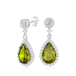 Pendientes de Plata 925 con Cristal Verde Oliva en Forma de Pera con Doble Halo, Chapados en Platino, Regalo para Banquete de Boda - Product Image 1