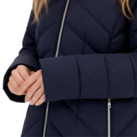Veste matelassée longue à capuche pour femme, bleu marine, 100% nylon, matelassage chevron, poches zippées, pliable, manteau d'hiver, OEM ODM