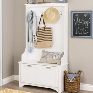 Modern <strong>Coat</strong> <strong>Rack</strong> Stand Wooden <strong>Coat</strong> <strong>Rack</strong> Stand White Stylish <strong>Hall</strong> Tree Bench with Shaker Doors and 4 Strong Double <strong>Coat</strong> Hooks - Product Image 3