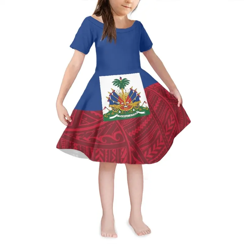 Hete Verkoop Newst Polynesiaanse Haiti Vlag Baby Kleding Zachte Kids Jurk Groothandel Custom Meisjes Jurken Elastische Zomer Korte Mouw