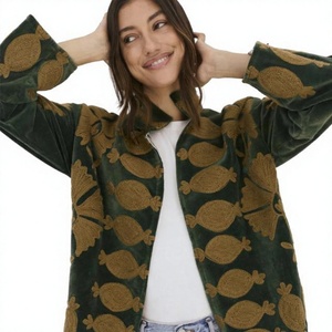 Blouson en velours unisexe à manches longues, col montant, motif brodé, style hiver, longueur standard, ouverture frontale, finition brute - Product Image 1