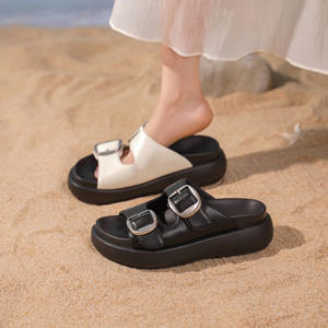 Sandalias de Moda con Diseño Nuevo, Estilo Slip-On, Parte Superior de Cuero Genuino, Suelas Gruesas Impermeables, Doble Hebilla, Cómodas para Mujer - Product Image 3