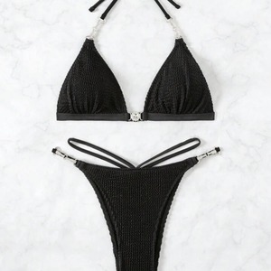 Conjunto de Bikini Negro Sólido para Mujer, con Tirantes Cruzados, Tanga, Traje de Baño, Sujetador Triangular, para Vacaciones en la Playa, Forro de Poliéster Elástico - Product Image 4