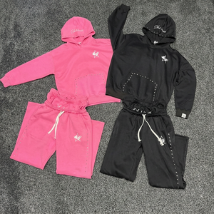Conjunto de Sudadera con Capucha y Pantalones Deportivos de Invierno de 2 Piezas Personalizado, Unisex, Estilo Urbano, con Forro Polar, Impresión Digital, Poliéster/Algodón, Diseño Sólido con Pedrería - Product Image 1