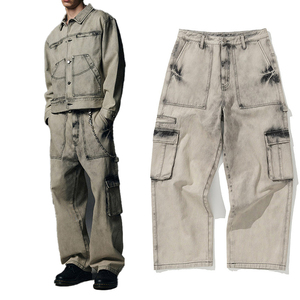 Été Style Hip Hop Hommes <span class=keywords><strong>Beige</strong></span> Vintage Distressed Cargo Denim Pants Mid Waist Straight Weaved Jeans - Product Image 1