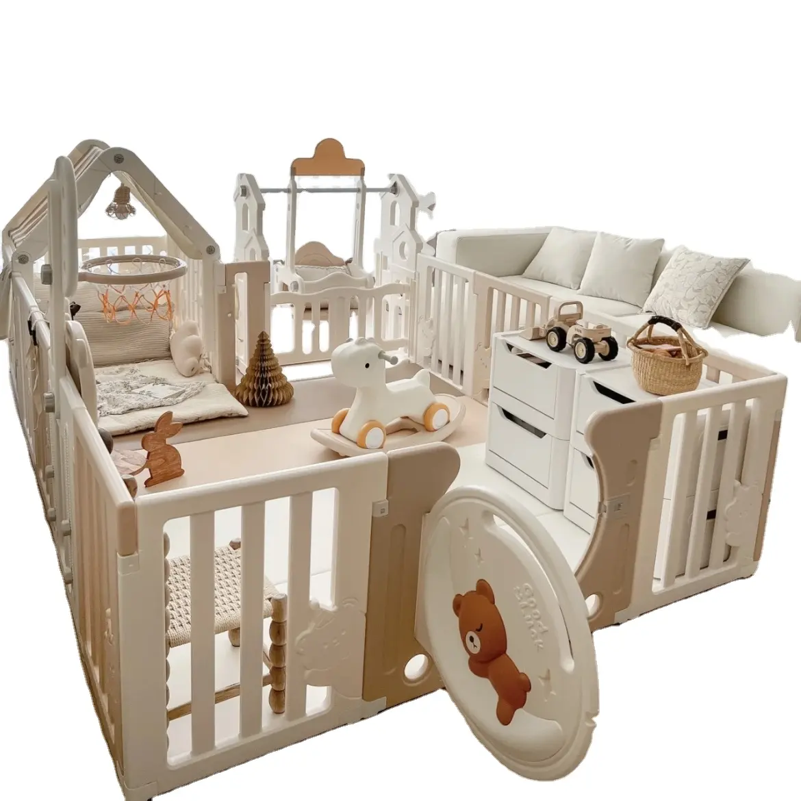 Nieuwste Luxe Opvouwbare Indoor Play Hek Veiligheid Plastic Baby Hek Boxpennen Voor Baby Met Klein Huis Speelgoed, Pu Mat, Glijbaan