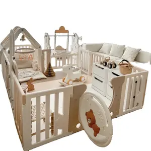 Latest Luxury Folding Indoor Play Fence Safety Plastic Baby Fence Playpens For Baby With Small House Toy, PU Mat, Slide