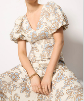 Robe longue élégante vintage à fleurs pour femmes 2025, col en V, manches bouffantes courtes, coupe ajustée, robe longue beige rétro, robe de soirée formelle
