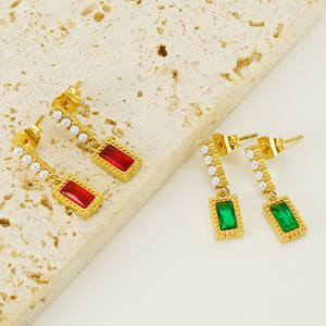 ZOGXIN Drop Earrings Gold Plated Red Green Zircon Pearl Dangle <b>Stud</b> Women's Jewelry Everyday Wear Geometric Design - Product Image 3