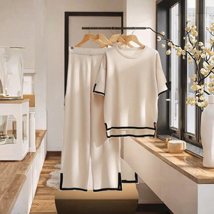 Conjunto de Suéter Casual de Punto de Calidad para Mujer, Otoño, Manga Corta, Pantalones Largos de Pierna Ancha, Transpirable, Diseño Sólido, Atuendo para Damas - Product Image 2