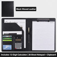 Porte-documents portable en cuir A4 personnalisé, cuir ciré noir avec calculatrice, presse-papiers et logo pour les cadres, réunions de bureau