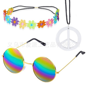 Conjunto de Disfraz Hippie, Collar con Colgante de la Paz, Pendientes, Gafas de Sol, Diadema, Accesorios para Fiesta, Joyería Unisex de Aleación de Zinc - Product Image 4