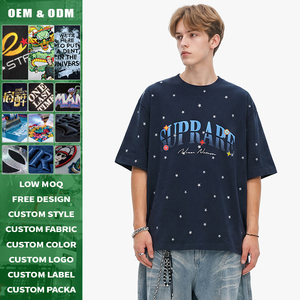 T-shirt surdimensionné bleu marine personnalisé à manches courtes pour homme, imprimé étoiles, col rond, en jersey de coton, avec logo lettré, style streetwear - Product Image 2