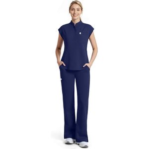 Ensemble de blouses médicales FOXA pour femmes, haut sans manches à col montant, pantalon droit, 11 poches, uniforme médical, usage hospitalier, ceinture yoga - Product Image 1
