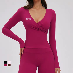 Top Deportivo Corto Personalizado Ecológico de Manga Larga con Cuello en V, Elástico en 4 Direcciones, Ajuste Delgado, Diseño Cruzado Frontal, Ideal para Gimnasio, Yoga y Actividades Deportivas - Product Image 1