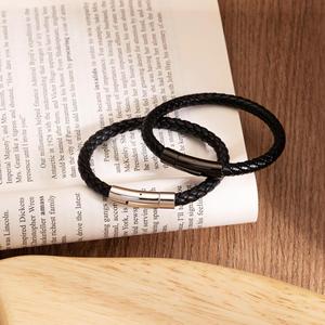 Punk Simple Style Men Jewelry Follow <b>Light</b> Braided Leather Bracelet Stainless Steel Wire <b>Rope</b> Bracelet - Product Image 5