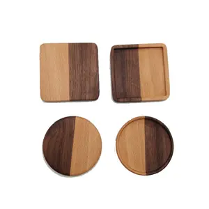 Hot sale beech wood coffee and tea coasters Custom logo solid wood splicing two colours anti-scorching mat