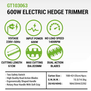VERTAK 600W taille-haie pour arbres de jardin Machine à main électrique puissante taille-haie coupe-arbustes avec poignée rotative - Product Image 2