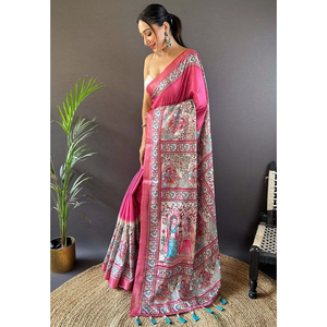 Sari en soie Tussar imprimé Madhubani Elite Weaves avec bordure tissée en zari, couleur rose, pour la mode indienne et pakistanaise - Product Image 6