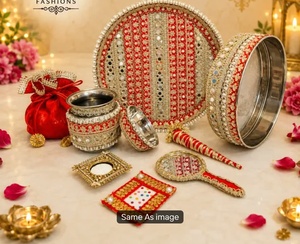 FASHIONS Handmade Orange KARWACHAUT Brocade Thali Set with Mirror Candle Holder <b>Lota</b> High Quality Hot Selling Indoor Bridal Gift - Product Image 6