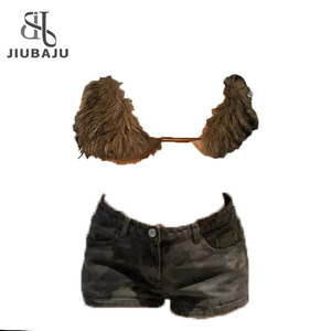ชุดเซ็กซี่สองชิ้น เสื้อครอปแขนยาวแต่งขนเฟอร์ + กระโปรงยีนส์ - Product Image 3