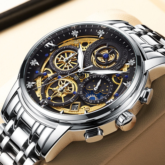 WISHDOIT Original Watch for Men's Waterproof Stainless Steel Quartz Analog Fashion Business Sun Moon Star Wristwatches Top Brand
