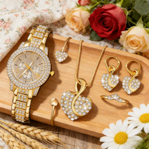 Nouvel ensemble de <span class=keywords><strong>5</strong></span> pièces LP32 en or rose entièrement serti de diamants, <span class=keywords><strong>montre</strong></span> à quartz élégante et décontractée, boucles d'oreilles, collier, bracelets, montres pour femmes - Product Image 4