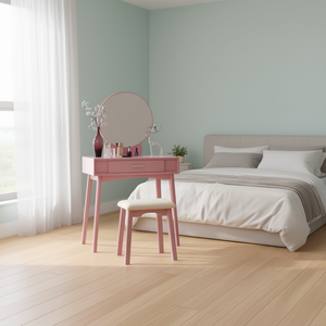 Maly Contemporary Wood Makeup <b>Vanity</b> <b>With</b> <b>Mirror</b> And Stool Set In Pink Color For Bedroom Use - Product Image 2