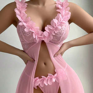 Camisón <span class=keywords><strong>de</strong></span> Princesa Rosa con Logotipo Personalizado, Camisón <span class=keywords><strong>de</strong></span> Encaje Floral con Red, Camisón Transparente con Cuello en V y Abertura Frontal, Vestido Maxi Sensual - Product Image 4