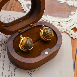 Vintage Natural Tiger Eye Stud Earrings Gold <b>Round</b> Bezel Setting Stainless Steel <b>Post</b> - Product Image 3