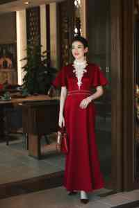 Vino rojo largo boda Cheongsam manga <span class=keywords><strong>de</strong></span> hoja <span class=keywords><strong>de</strong></span> loto Vintage mejorado vestido <span class=keywords><strong>de</strong></span> mujer Slim Fit elegante <span class=keywords><strong>Qipao</strong></span> - Product Image 4