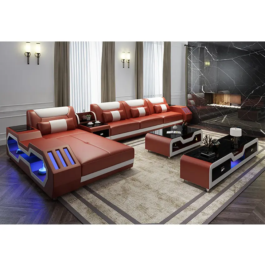 Functional LED Sofa Set For Home Sala Set Genuine Leather Couch Sectional Sofa