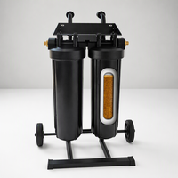 Chariot filtrant mobile avec deux boîtiers d'eau, cartouche remplaçable, support roulant, poignées, ports de connexion, équipement