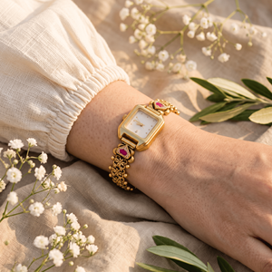 Gold Plated Floral <b>Bracelet</b> <b>Watch</b> for <b>Women</b> with Elegant Pink Stone Accents and Luxury Vintage Style Fashion Wristwatch - Product Image 4