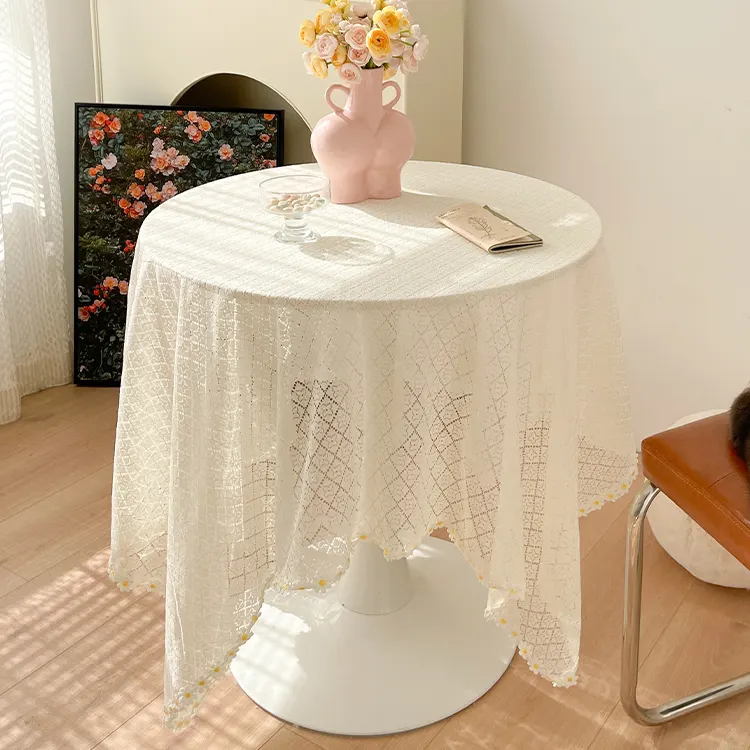 Ins Style High-quality Lace White Tablecloth Round Table Coffee Table Cloth Bedside Table Desk Photo Background Cloth