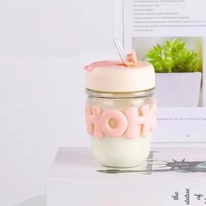 كوب ماء زجاجي بتصميم عصري مع سلسلة لؤلؤ، كوب حليب منزلي محمول بفتحتين للشرب، مناسب للمكتب - Product Image 3