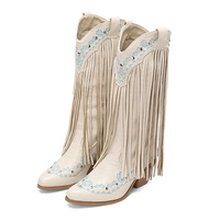 Botas Vaqueras con Flecos para Mujer, Botas Occidentales Retro con Bordado Geométrico, Punta Puntiaguda, Tacón de Bloque de 7.5 cm, Forro de Felpa, Botas para Conciertos Country