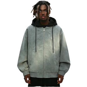 Factory ODM Wholesale Custom Logo Men's Loose Streetwear Solid Hooded PU <b>Suede</b> Zipper Dyed Spring Windproof Bomber <b>Jacket</b> - Product Image 1