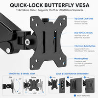Support mural ergonomique à double bras pour moniteur, avec ressort à gaz, mouvement complet, VESA 100x100mm, capacité de charge 10kg, pour postes de travail de bureau