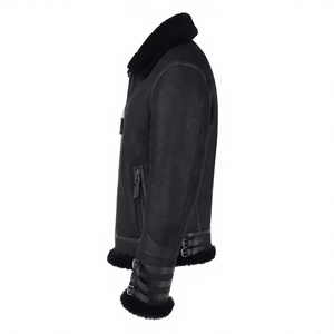 Veste de moto en cuir véritable noir pour homme, col rabattu, fermeture éclair, coupe ajustée, doublure en fausse fourrure, style hiver - Product Image 2